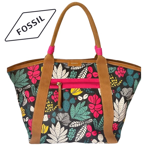 FOSSIL ELIZA BEACH TOTE HANDBAG FLORAL SUCCULENT RESORT CRUISE SHIP TRAVEL BAG